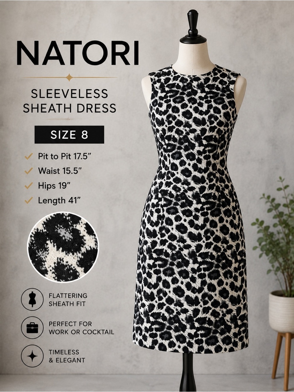 Natori Leopard Print Sheath Dress Sz 8 Black White Sleeveless Knee Length Career
